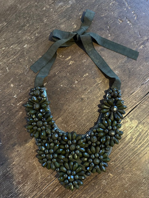 Thea hand embroidered necklace in Army Green color
